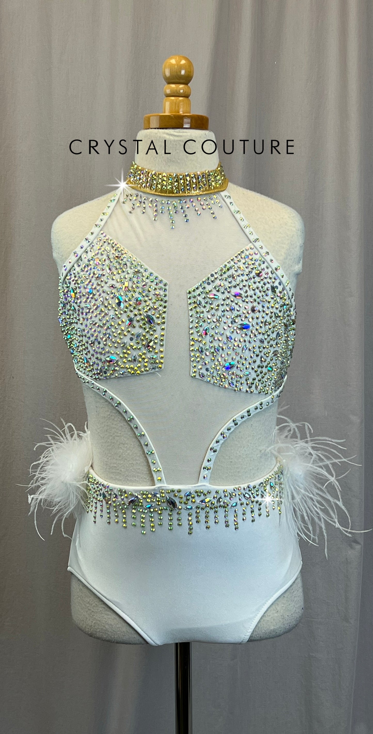 White and Gold Mesh and Feather Leotard - Rhinestones