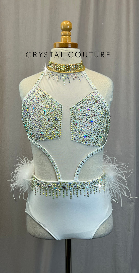 White and Gold Mesh and Feather Leotard - Rhinestones