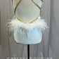 White and Gold Mesh and Feather Leotard - Rhinestones