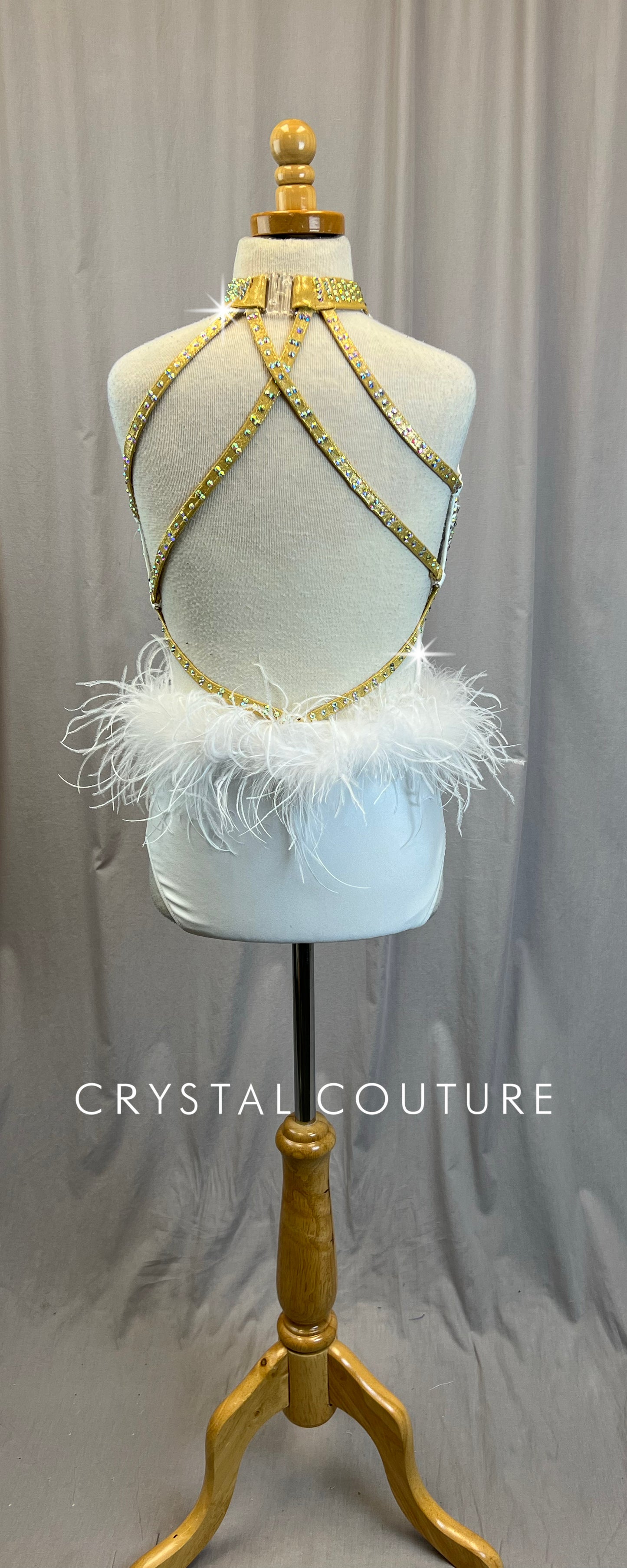 White and Gold Mesh and Feather Leotard - Rhinestones