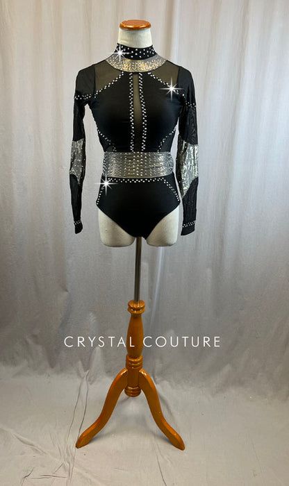 Black Leotard with Metallic Grey Accents and Mesh Cutouts - Rhinestones