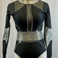 Black Leotard with Metallic Grey Accents and Mesh Cutouts - Rhinestones