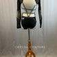 Black Leotard with Metallic Grey Accents and Mesh Cutouts - Rhinestones