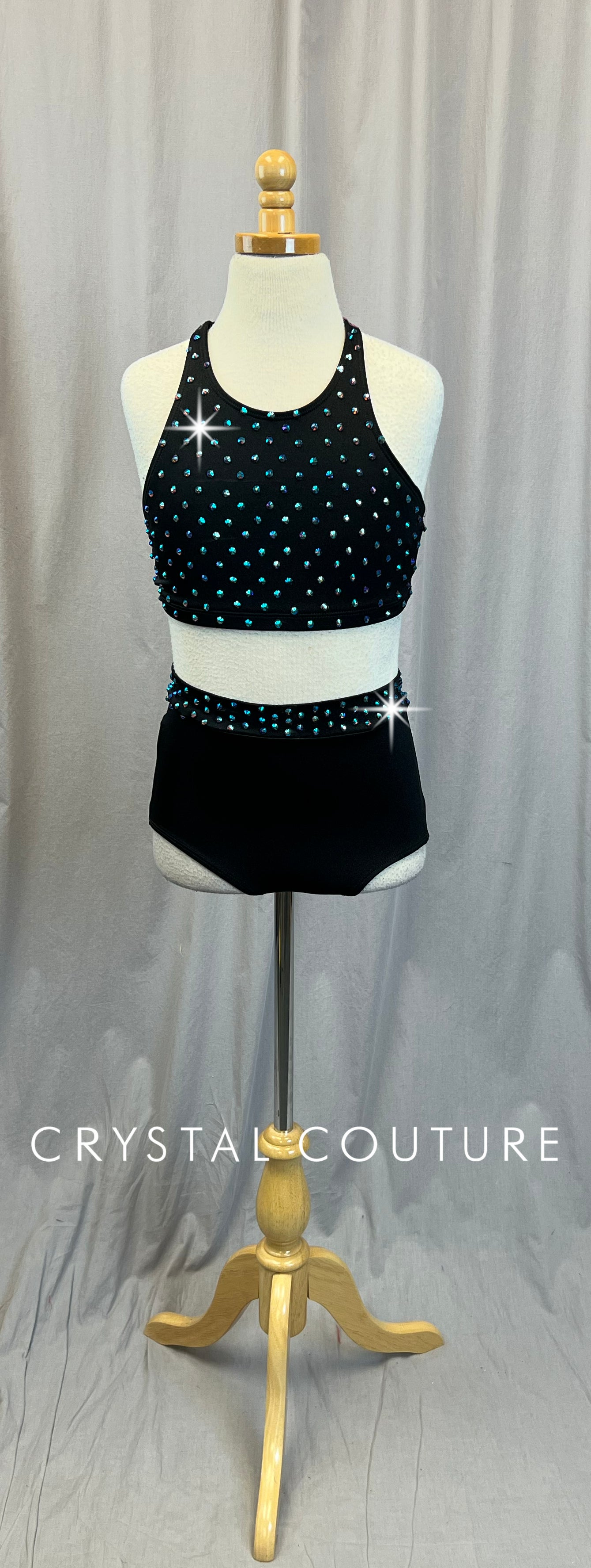 Black and Mauve Lycra and Mesh Top and Briefs Two-Piece Set - Rhinestone