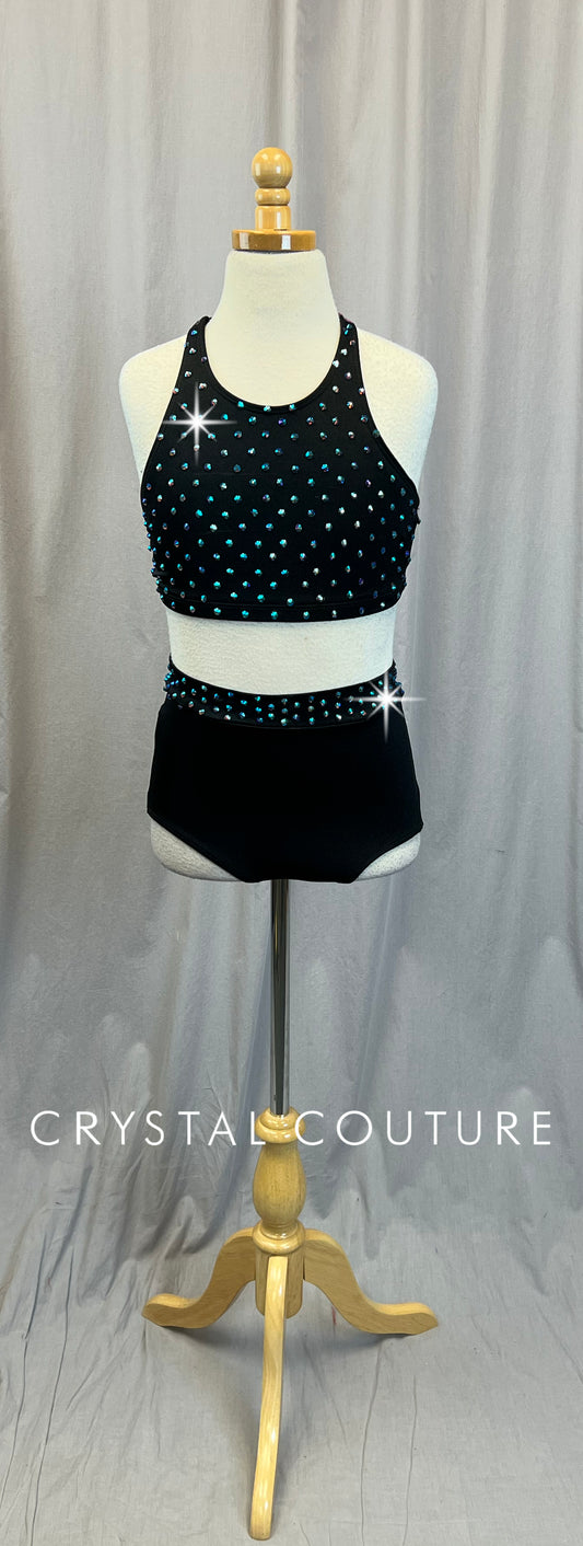 Black and Mauve Lycra and Mesh Top and Briefs Two-Piece Set - Rhinestone