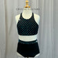 Black and Mauve Lycra and Mesh Top and Briefs Two-Piece Set - Rhinestone