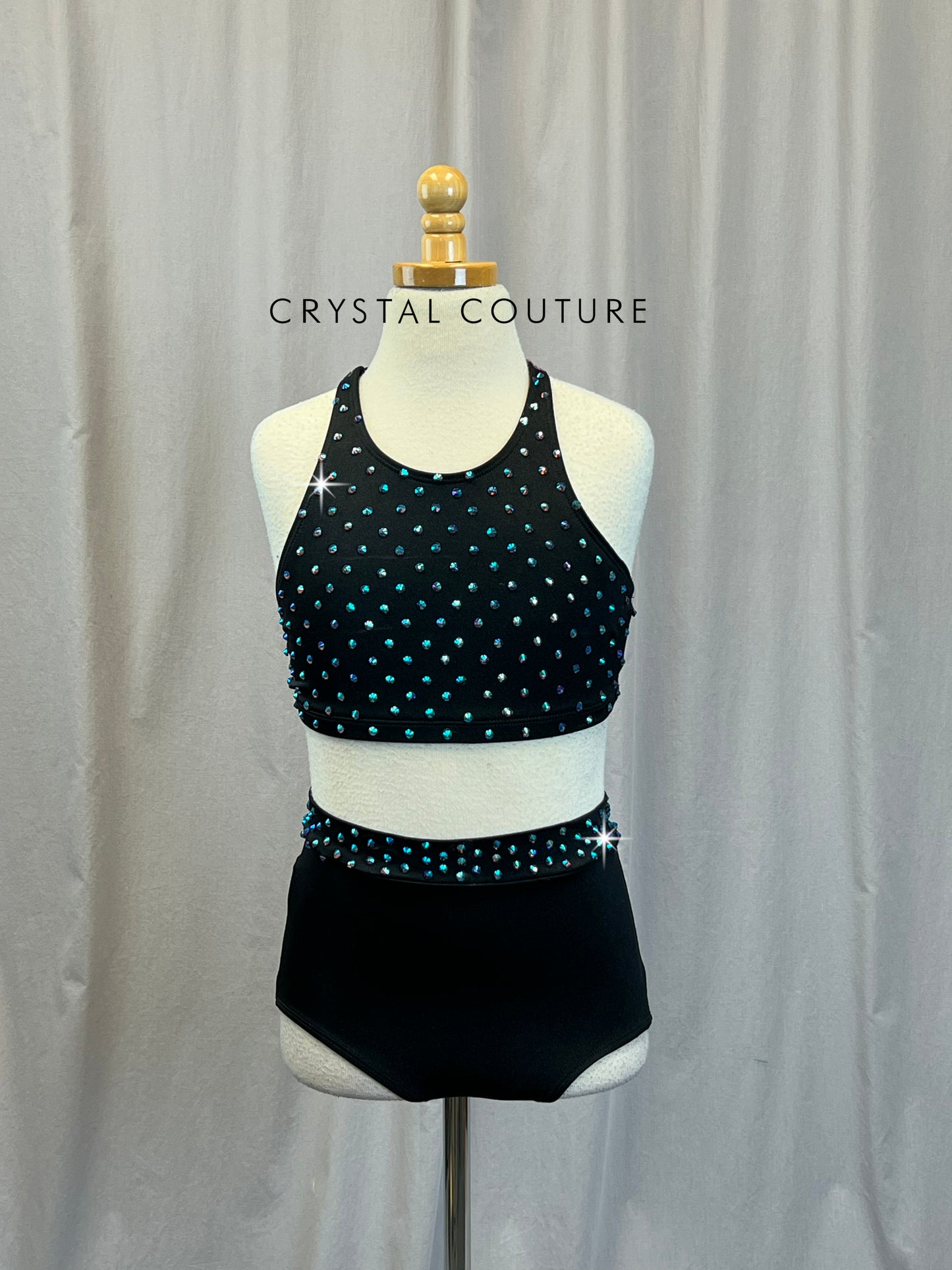 Black and Mauve Lycra and Mesh Top and Briefs Two-Piece Set - Rhinestone