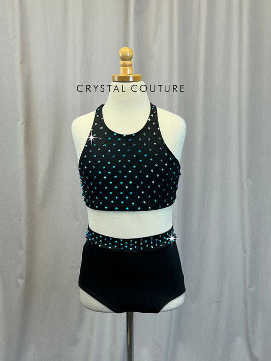 Black and Mauve Lycra and Mesh Top and Briefs Two-Piece Set - Rhinestone