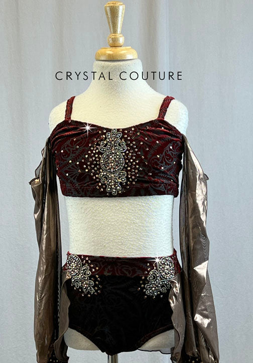 Maroon and Black Velvet Two Piece with Bronze Liquid Lame Chiffon