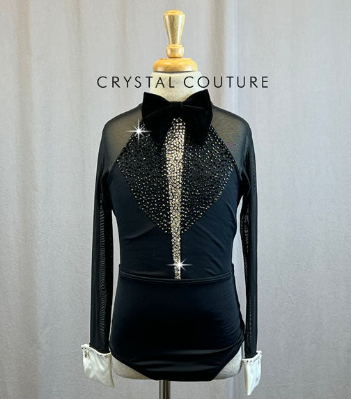 Black and White Tuxedo Style Leotard with Bowtie- Rhinestones