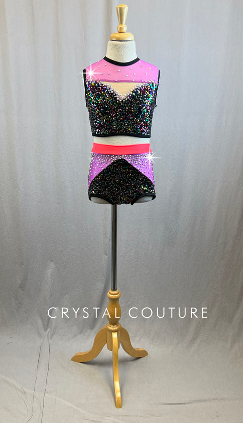 Multicolored Sequin Lycra Two Piece with Color Blocked Detail- Rhinestones