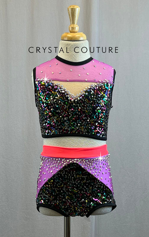 Multicolored Sequin Lycra Two Piece with Color Blocked Detail- Rhinestones