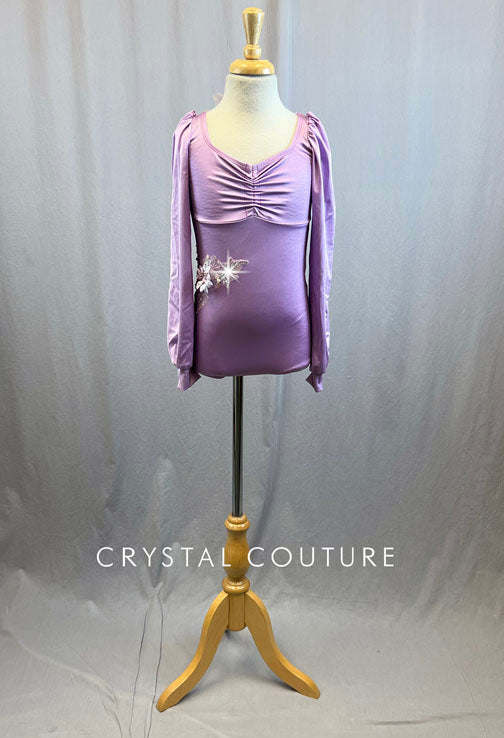 Lavender Long Puff Sleeve Leotard- Rhinestones