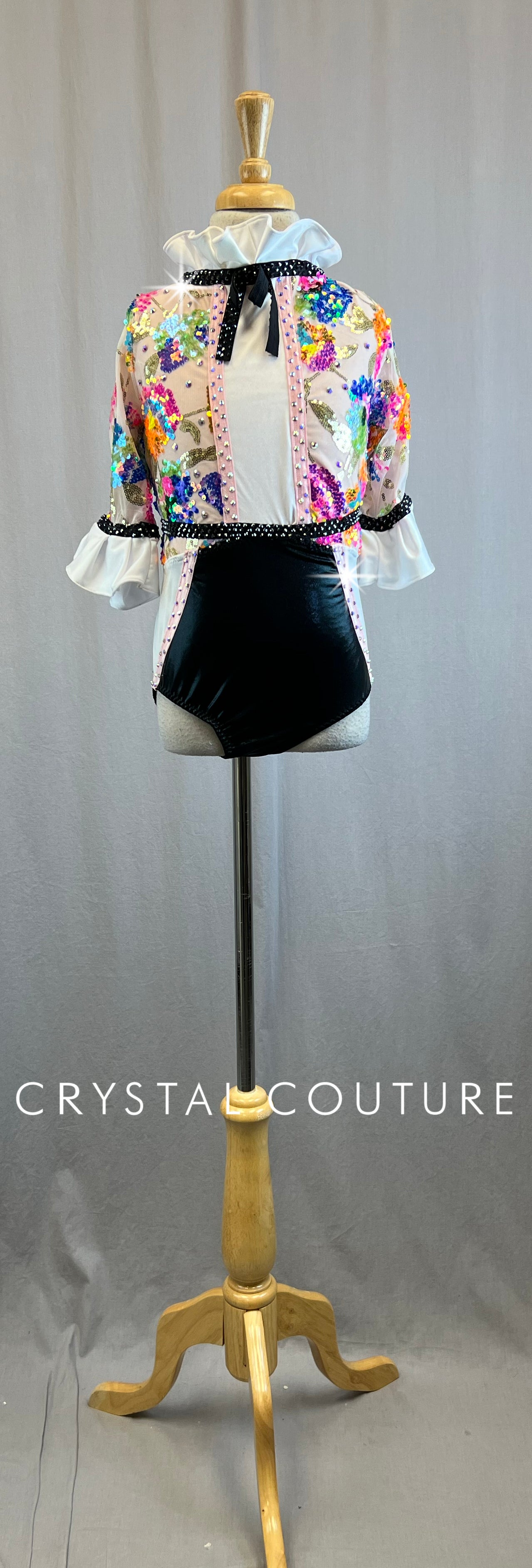 *Brand New* Custom Pink, White, Black, with Neon Sequins 3/4 sleeve Leotard - Rhinestones