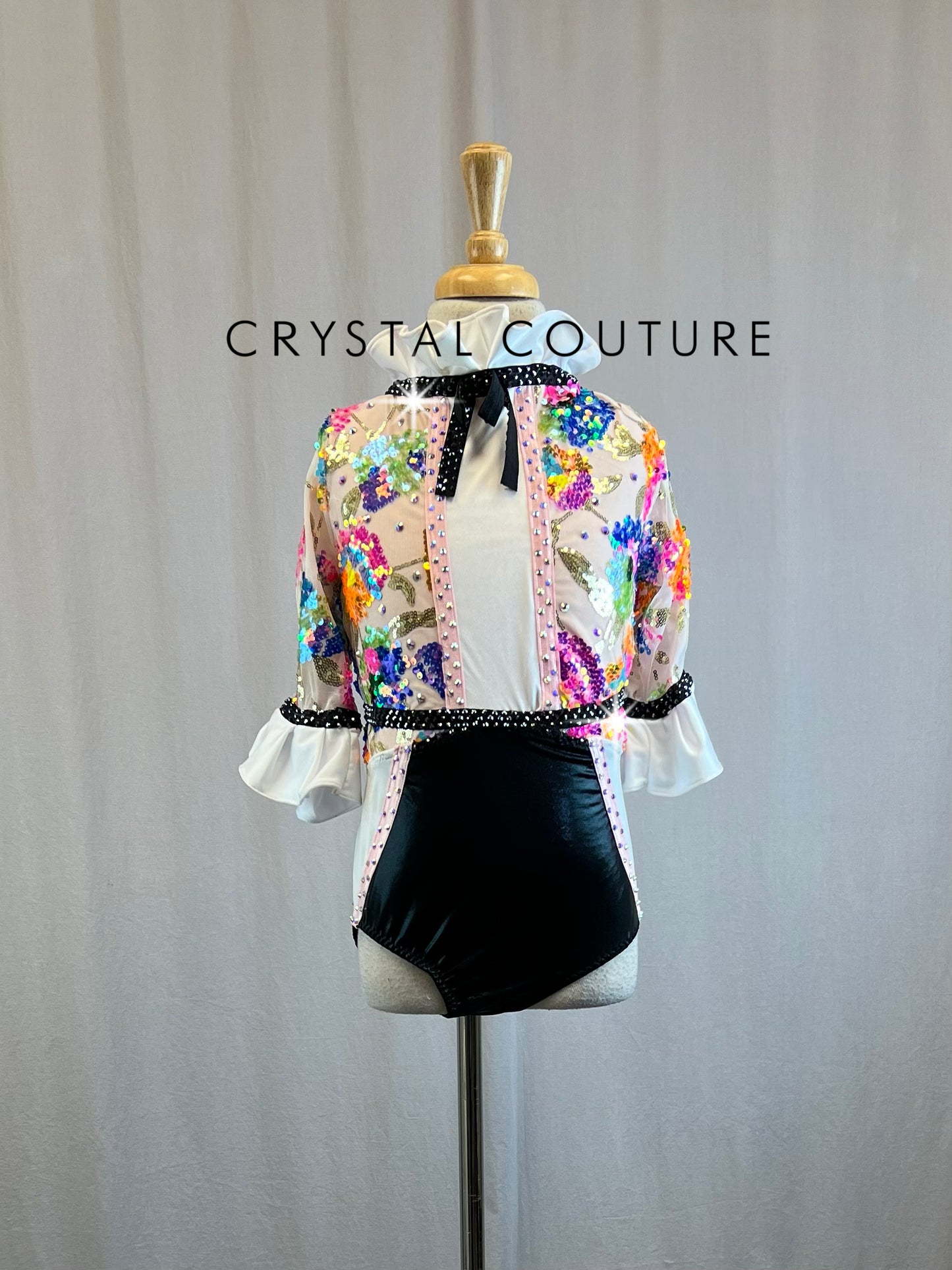 *Brand New* Custom Pink, White, Black, with Neon Sequins 3/4 sleeve Leotard - Rhinestones