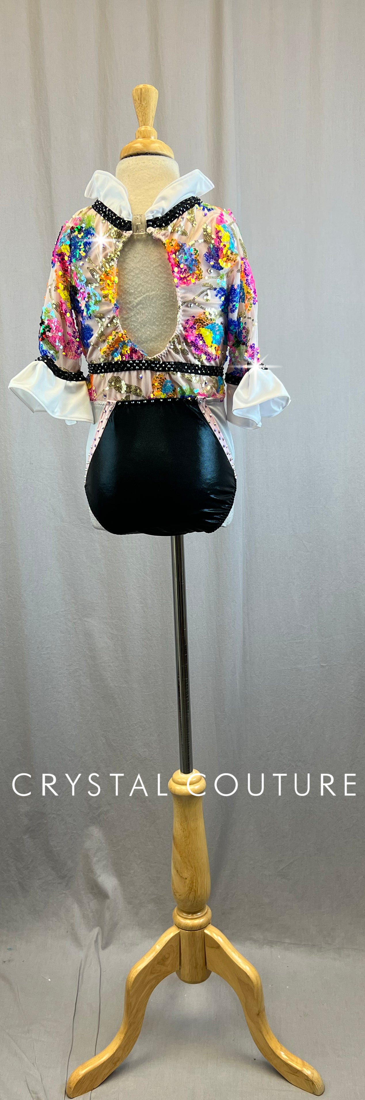 *Brand New* Custom Pink, White, Black, with Neon Sequins 3/4 sleeve Leotard - Rhinestones