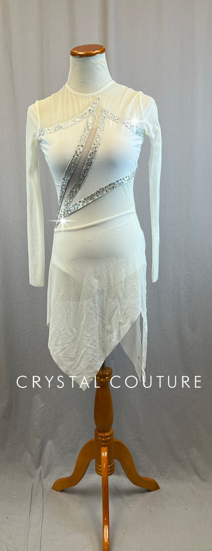 Custom White and Silver Long Sleeve Mesh Dress -Rhinestones