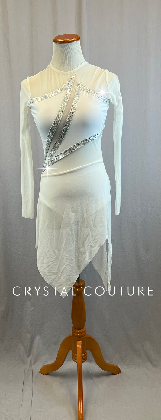 Custom White and Silver Long Sleeve Mesh Dress -Rhinestones