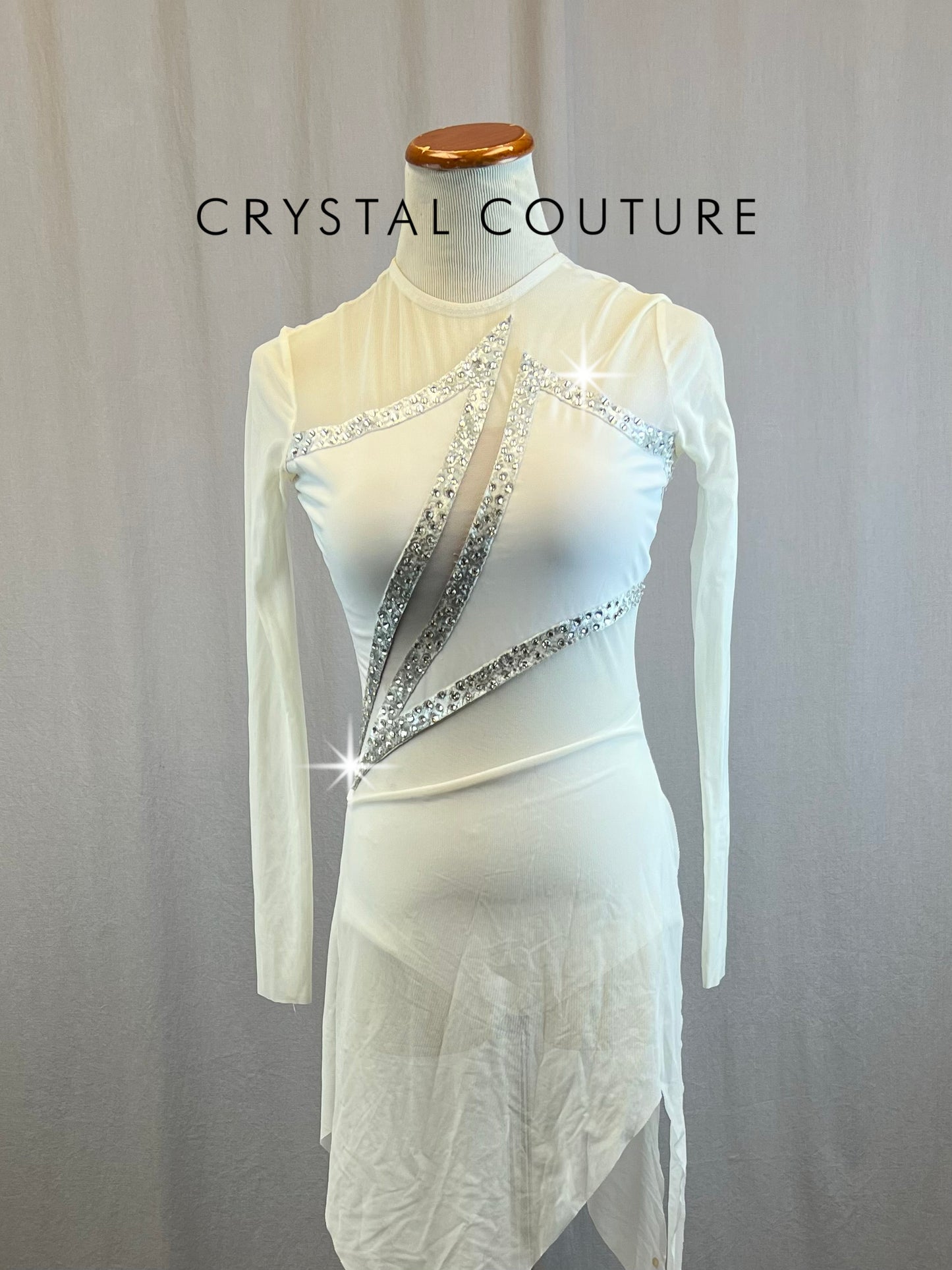Custom White and Silver Long Sleeve Mesh Dress -Rhinestones