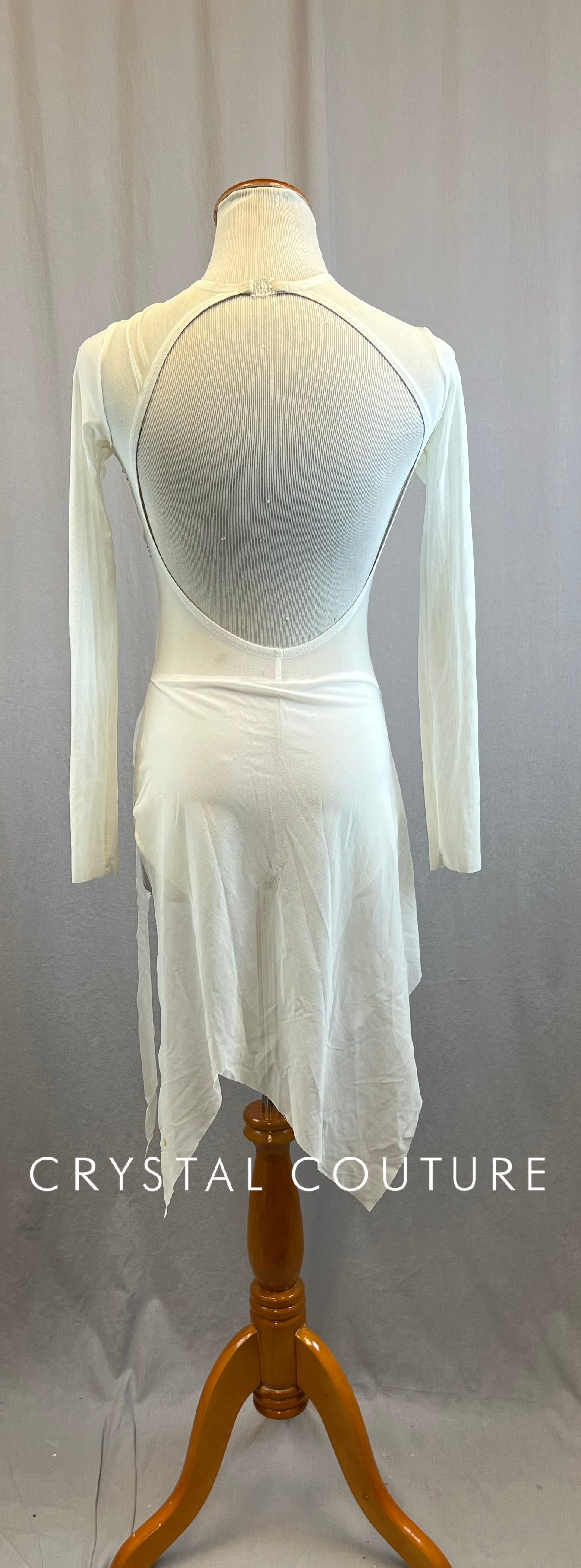 Custom White and Silver Long Sleeve Mesh Dress -Rhinestones