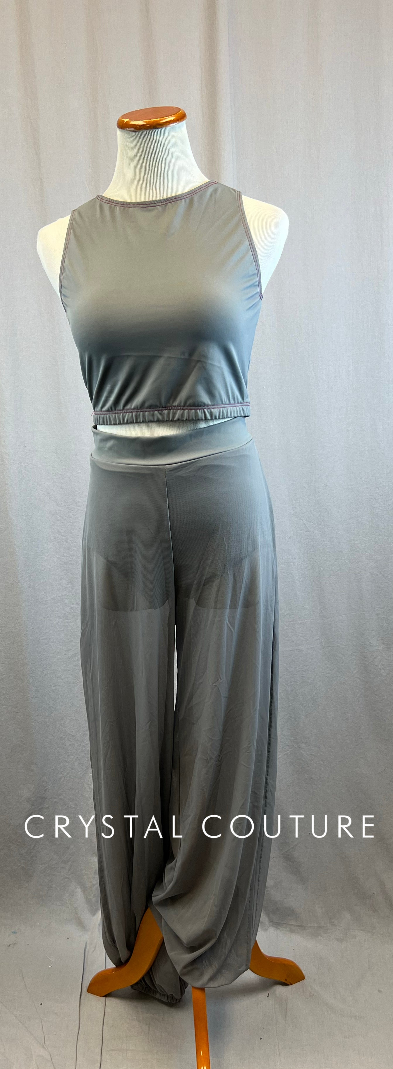 Custom Gray with Red stitching Crop Top and Mesh Pant Set
