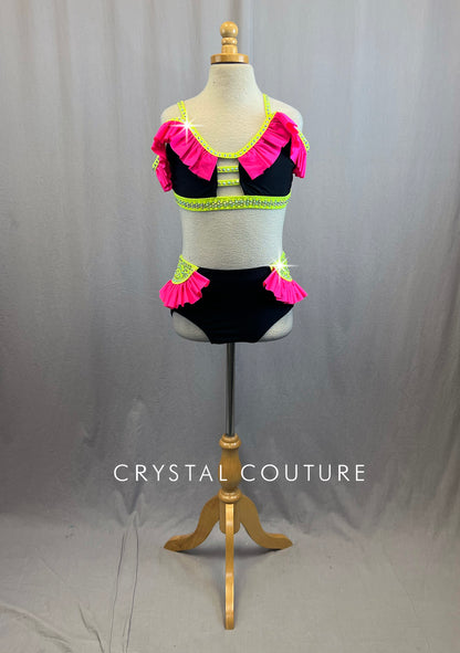 Hot Pink, Neon Yellow and Black Two Piece With Ruffles- Rhinestones