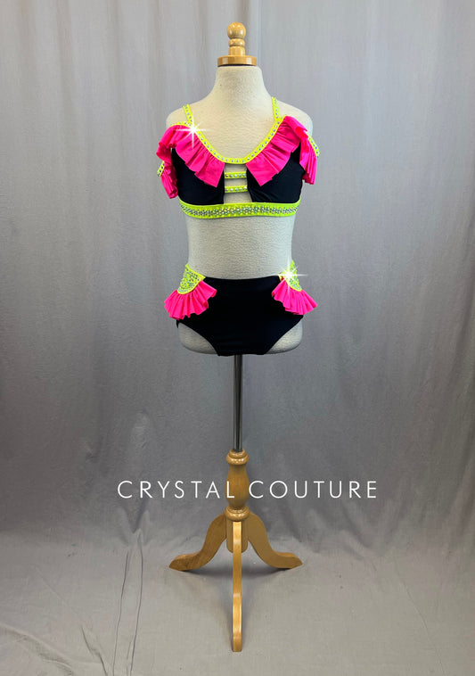 Hot Pink, Neon Yellow and Black Two Piece With Ruffles- Rhinestones