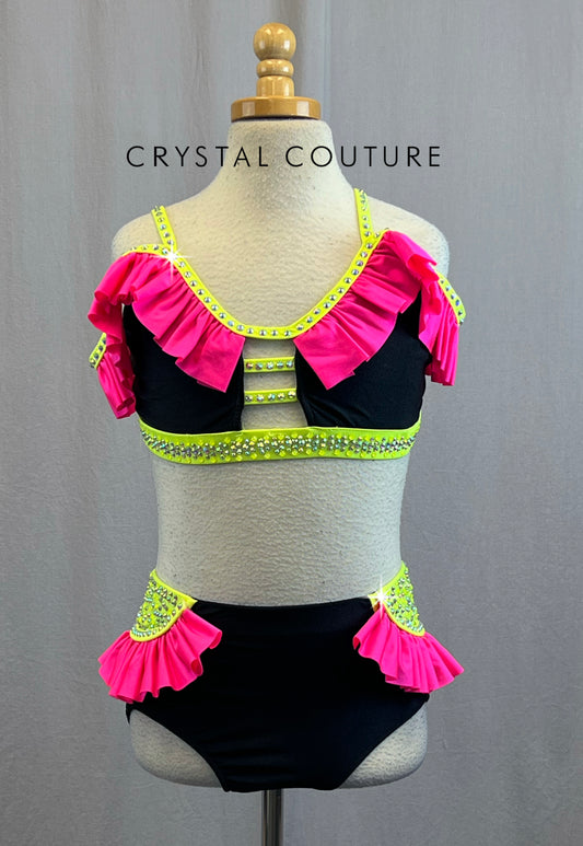 Hot Pink, Neon Yellow and Black Two Piece With Ruffles- Rhinestones