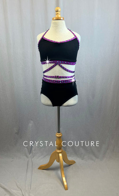 Black Lycra Two Piece With Purple Trim and Straps