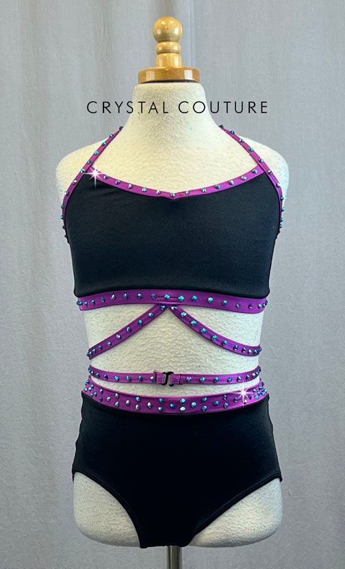 Black Lycra Two Piece With Purple Trim and Straps