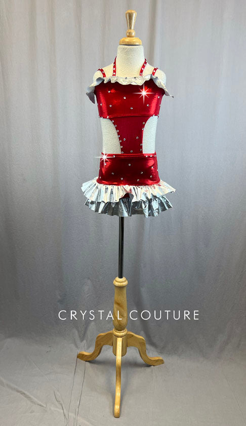 Red Lycra Attached Two Piece With Silver Metallic Ruffle