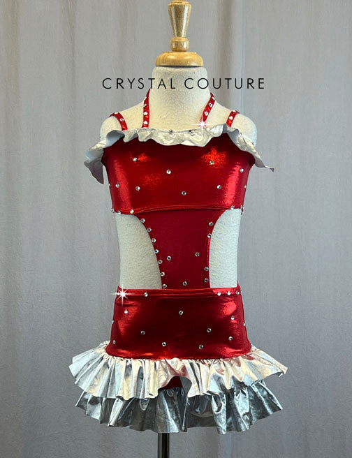 Red Lycra Attached Two Piece With Silver Metallic Ruffle