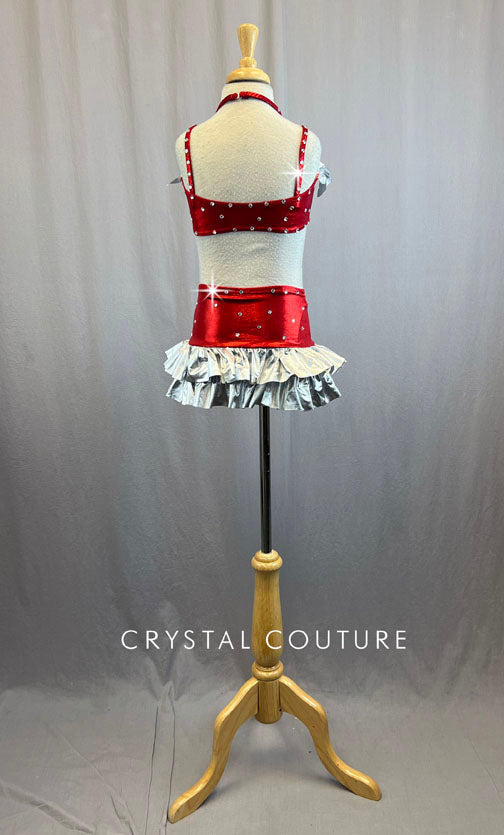 Red Lycra Attached Two Piece With Silver Metallic Ruffle