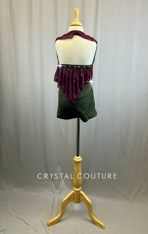 Army Green Biketard with Plum Ruffle