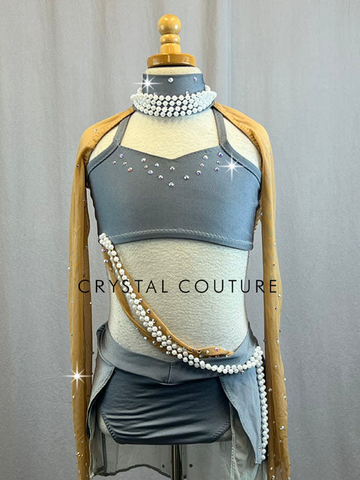 Grey Lycra Two Piece with Nude Mesh and Pearls