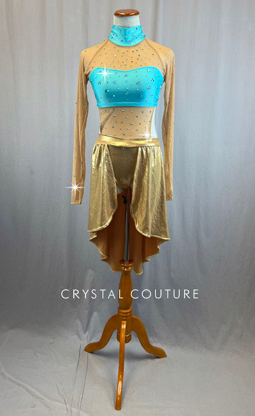 Turquoise Top With Attached Gold Metallic Lycra Skirt - Rhinestones