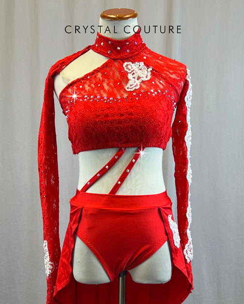 Red Lace Two Piece With Lycra High Low Skirt