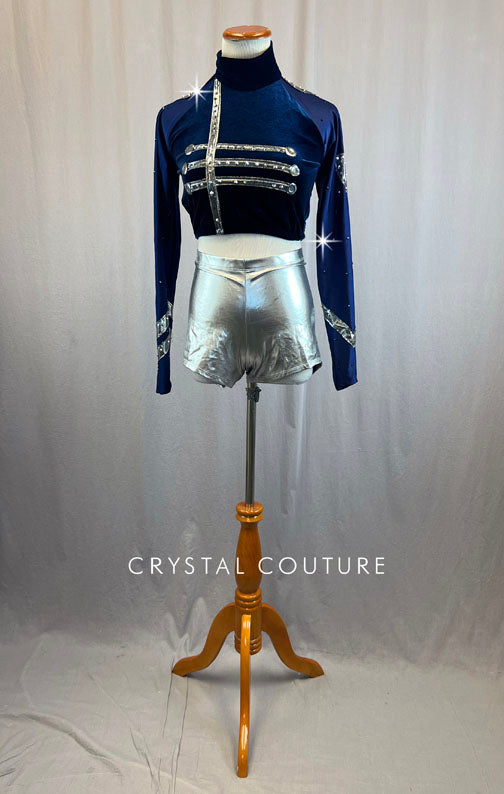 Navy Velvet Military Top and Metallic Silver Shorts