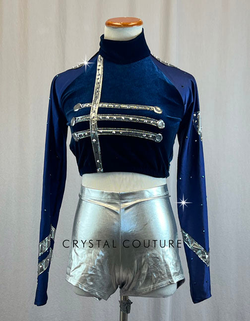 Navy Velvet Military Top and Metallic Silver Shorts