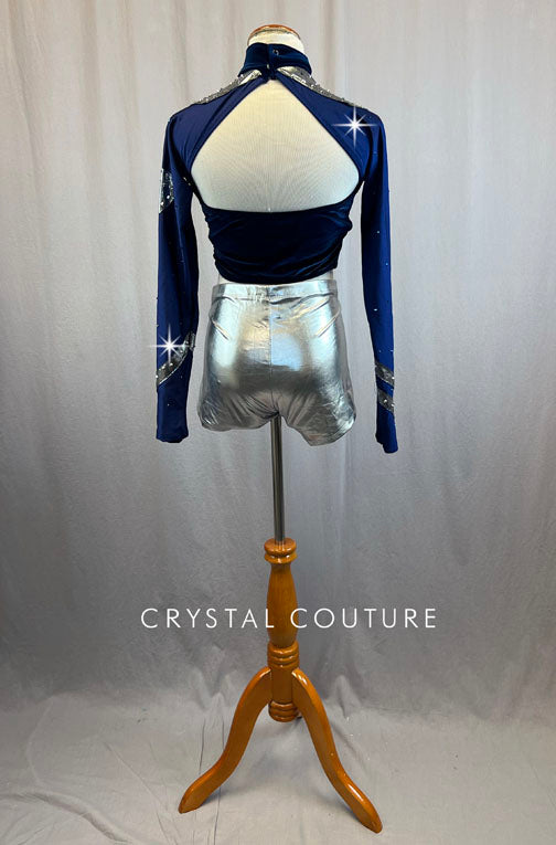 Navy Velvet Military Top and Metallic Silver Shorts