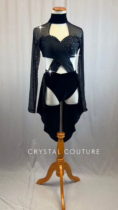 Black Criss Cross Wrap Top and Attached High Low Velvet Skirt