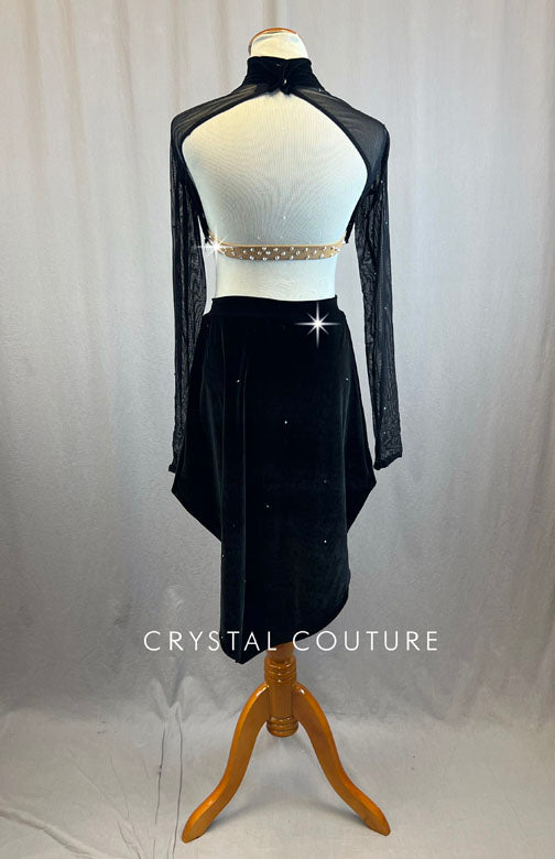 Black Criss Cross Wrap Top and Attached High Low Velvet Skirt