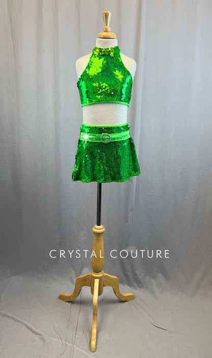 Lime Green Sequin Halter Top And Skirt