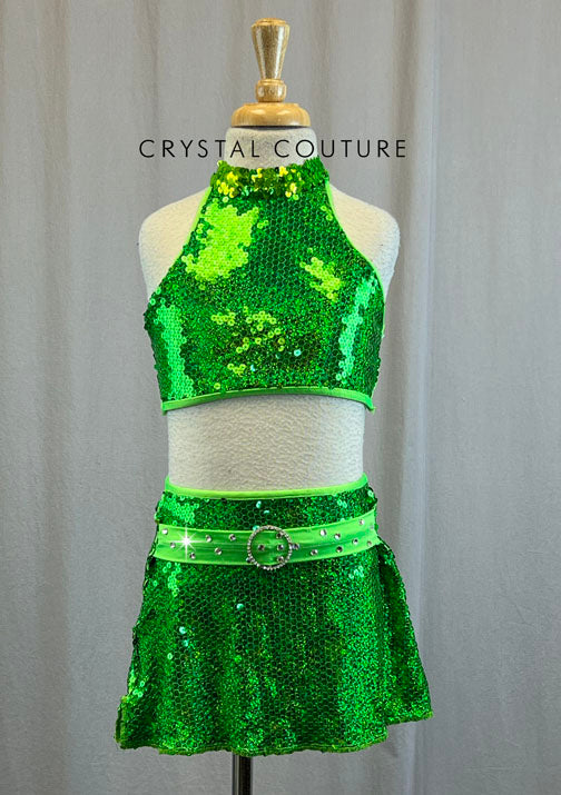 Lime Green Sequin Halter Top And Skirt