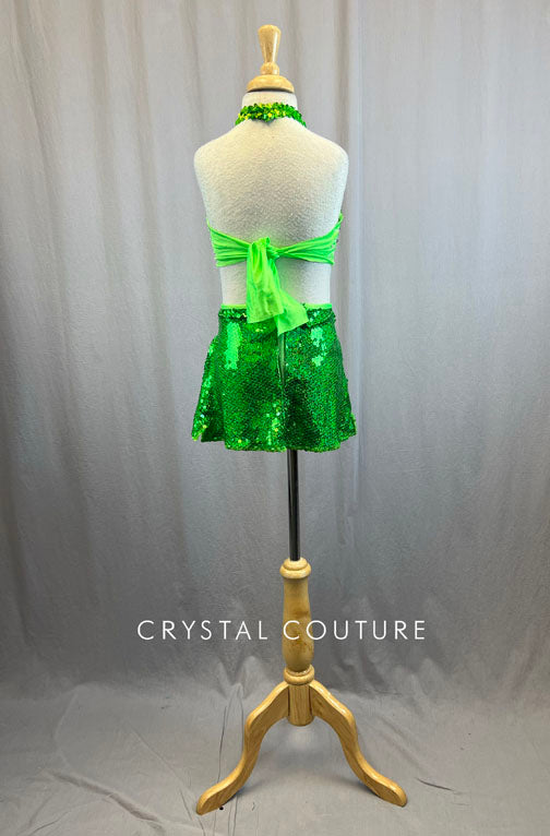 Lime Green Sequin Halter Top And Skirt