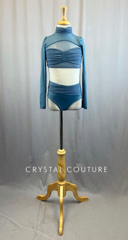 Grey Blue Lycra and Chiffon Two Piece