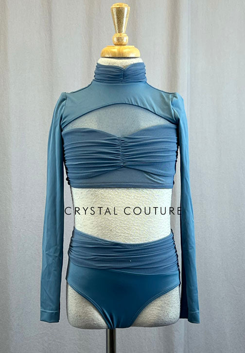 Grey Blue Lycra and Chiffon Two Piece