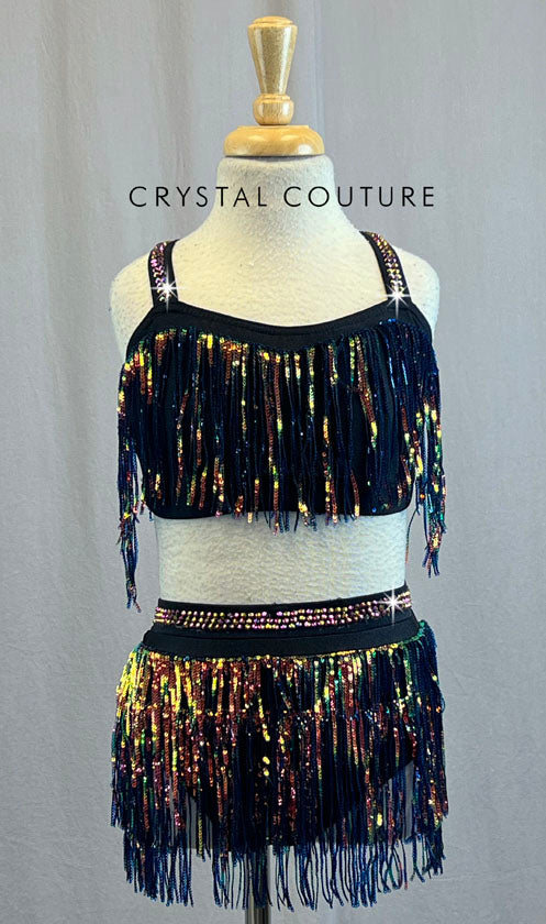 Black and Multicolored Sequin Fringe Two Piece