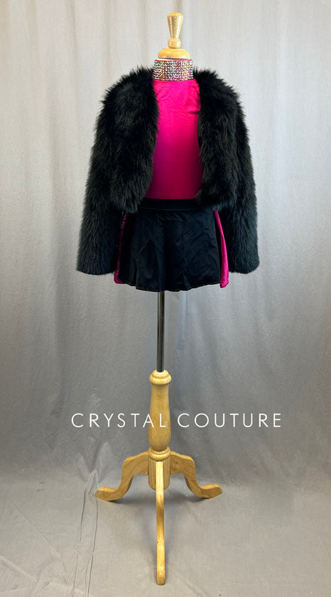 Fuchsia Leotard With Black Skirt and Faux Fur Coat