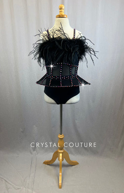 Black Peplum bustier Style Leotard With Feathers